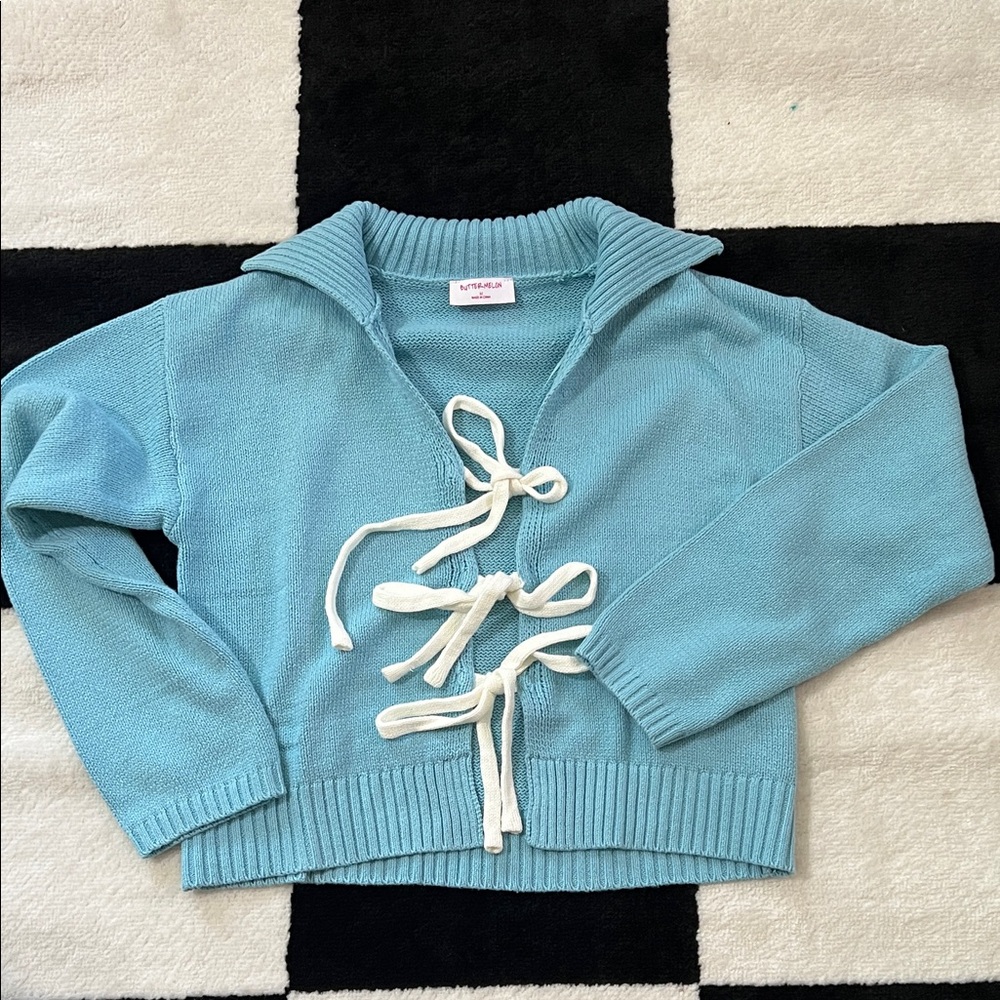 Blue Sweater with Tie Details